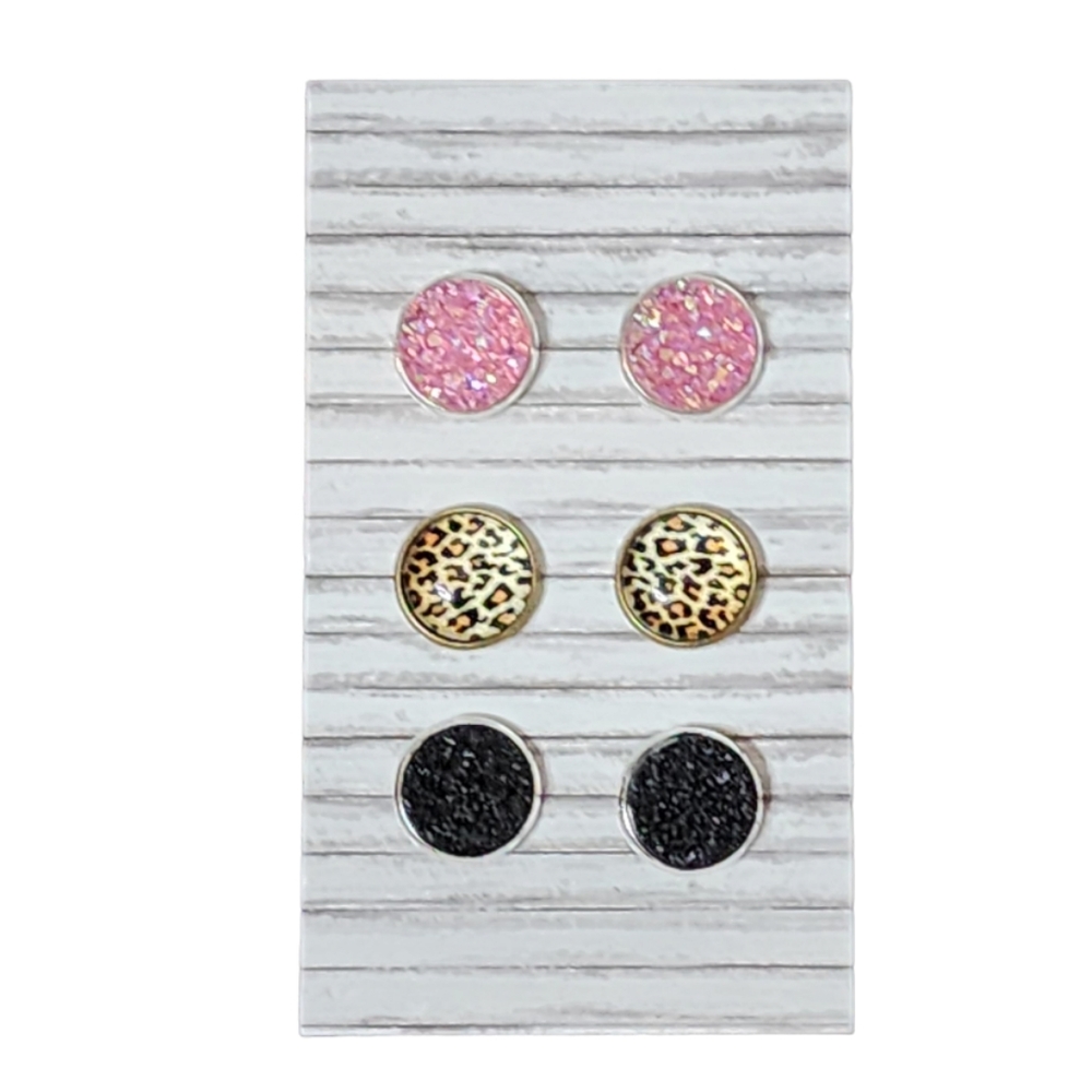 3 Pack Pink/Black/Leopard Stud Earrings